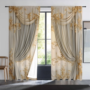 Detail of beige curtains with gold floral embroidery, fabric and sheer layers set