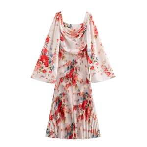 Elegant Floral Print Maxi Dress Polyester Pleated Square Neck Long Sleeve French Retro Style Long Dress For Women