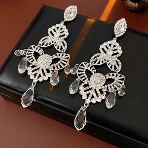 Detail of silver drop earrings with crystals and tassels on a black leather box