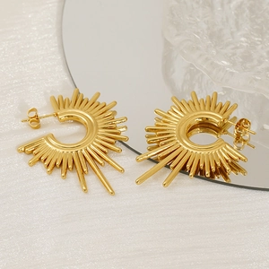 Elegant gold titanium steel sunburst C-shape stud earrings with a radial spike design