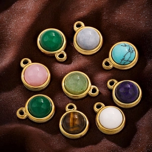Colorful round gemstone pendants with gold plated stainless steel edges for DIY jewelry