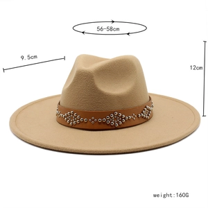 Tabella delle taglie per cappello fedora in lana beige con dimensioni e peso dettagliati