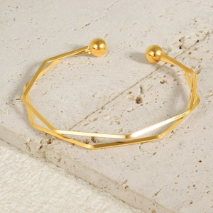Polished 18k gold plated stainless steel open bangle with geometric wrap design