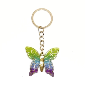 Chic butterfly keychain with green blue purple gradient wings and golden metal chain