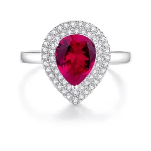 Pear Cut Red Blue Gemstone Ring 925 Sterling Silver Double Halo Cubic Zirconia Elegant Luxury Jewelry For Women
