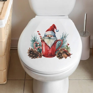 Christmas Santa Claus in red mug toilet lid sticker with pine cones and candy cane