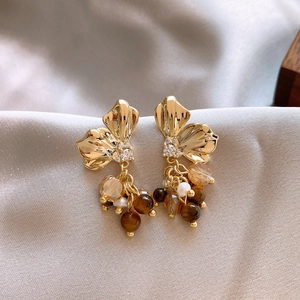 Vintage Flower Drop Earrings With Silver Earring Post Tiger Eye Stone Zircon Artificial Pearl Bohemian Retro Accessories