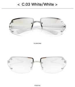 Detailed top and front views of Y2K rimless sunglasses with silver rivets and white temples
