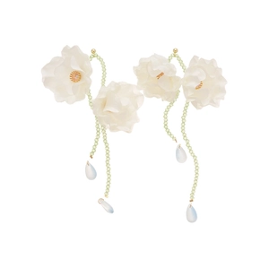 Elegant floral tassel earrings featuring white fabric flowers and pale green beaded chains.