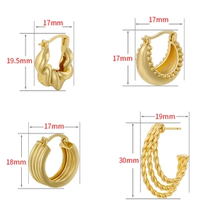 Detailed size chart for vintage 18K gold plated hoop earrings in four geometric styles