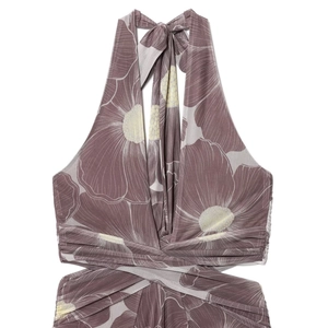 Chic purple daisy print halter maxi dress with waist cut-outs and mesh fabric texture