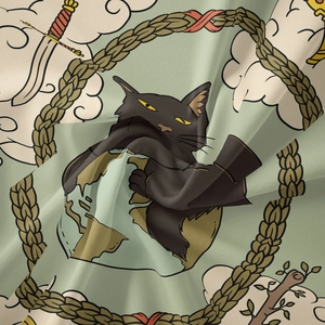 Close-up of bohemian cat tapestry fabric showing woven texture and vintage illustration