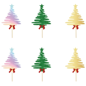 6-piece glitter Christmas tree cake toppers with stars and red bows in diverse colors