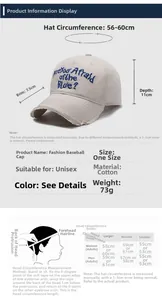 Size chart for distressed cotton baseball cap showing dimensions and head measurements