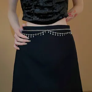Silver double-layered waist chain with sparkling tassel rhinestones for women