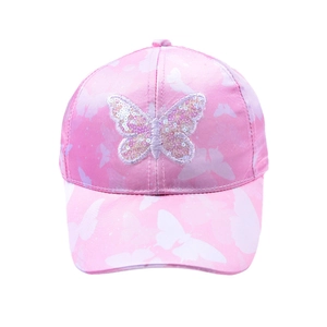Pink kids baseball cap featuring butterfly print and sequin embroidery on white background