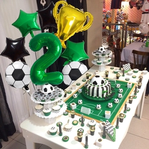 Soccer theme 2nd birthday party set with gold trophy, number 2 balloon and green stars