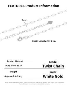 Detailed specs of S925 sterling silver twist chain necklace with size and weight info