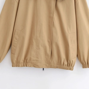 Khaki zip-up jacket for women with elastic hem and detachable faux fur collar