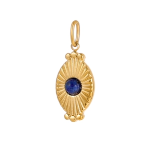 Macro detail of oval sunburst pendant in gold finish with dark blue natural stone
