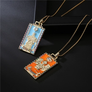 18K gold plated copper tarot card necklaces with blue and orange enamel and colorful zircons