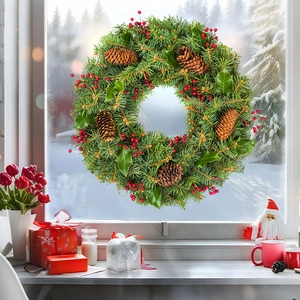 Festive Christmas pine wreath decoration with red berries and natural pinecones on window