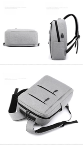 Three-view layout of grey business backpack showing bottom and side with USB charging port