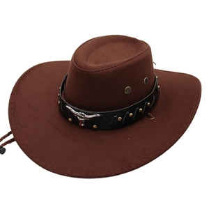 Chapeau de cowboy marron avec boucle tête de taureau et jugulaire réglable