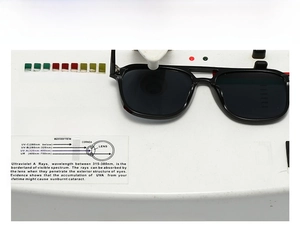 Testing UV400 protection of retro square sunglasses on an ultraviolet detector