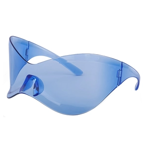 Detail view of translucent blue oversized Y2K punk shield sunglasses with futuristic wrap frame