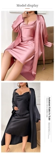 Detailed view of luxury pink and black satin long nightgown and robe sets for women