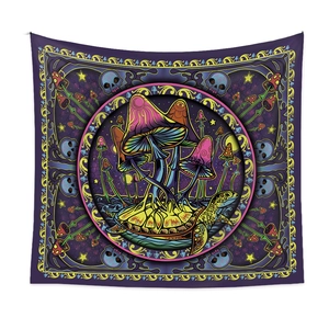Bohemian tapestry featuring a psychedelic turtle with colorful mushrooms and skull details
