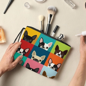 Portable checkered puppy makeup bag with pop art dog print and zipper closure for travel