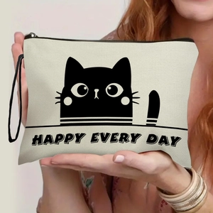 Handheld cream canvas cat makeup bag with zipper and Happy Every Day slogan