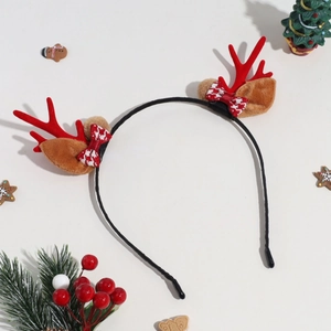 Cute Christmas reindeer antler headband with plush ears and festive bows for holiday party