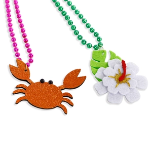 Hawaiian tropical party necklaces with colorful beads and glittery crab and flower pendants