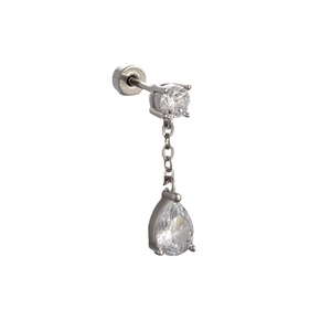 Silver titanium steel stud earring with heart-shaped crystal drop chain pendant