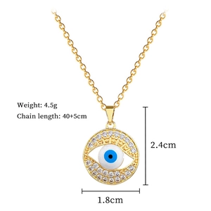 Macro view of gold Evil Eye necklace with dimensions 40+5cm length and 2.4cm pendant height