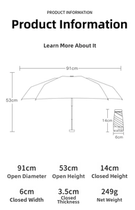 Detailed size chart showing compact folding dimensions and 91cm diameter of the sun umbrella