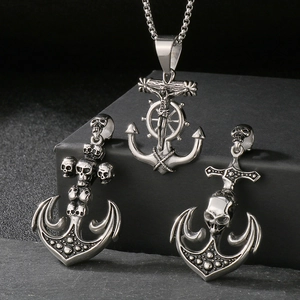 Gotischer Punk-Silber-Edelstahl-Totenkopf-Anker und religiöser Kreuz-Anhänger für Herren