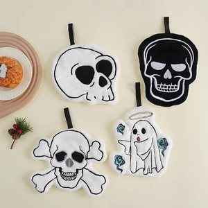 Set of four coral fleece Halloween skull and ghost hanging hand towels for kitchen decor