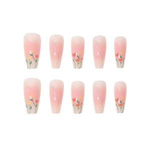Pink gradient coffin nails with hand-painted tulips and silver glitter wave accents