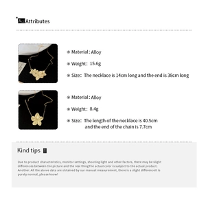Detail of vintage gold flower necklaces with alloy material specs and size measurements