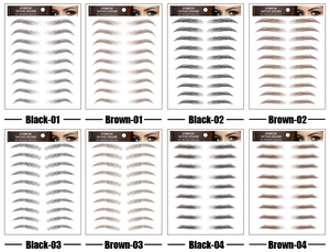 Grid display of waterproof 6D eyebrow tattoo stickers in black and brown styles