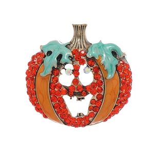 Funny Halloween rhinestone pumpkin brooch with green leaves in vintage bronze finish