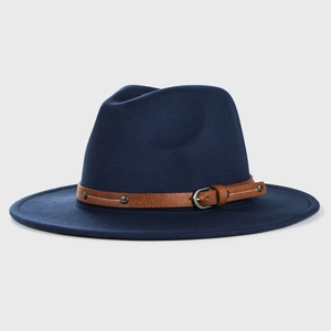 Detailed view of deep blue felt fedora hat with brown leather belt and silver buckle