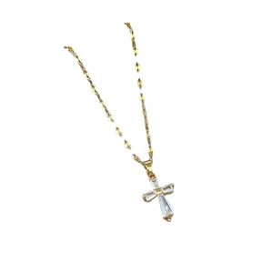 Gold plated cross necklace with inlaid rectangular crystals on a clean white background