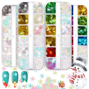 Christmas snowflake nail art sequins in 12-grid boxes for festive eye and face makeup decor