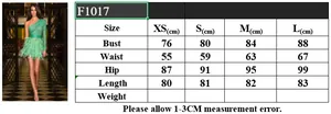 Size chart for sequin feather mini dress showing measurements in centimeters for XS to L