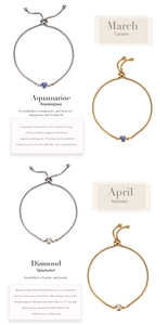 Detail of stainless steel birthstone bracelets in gold and silver with blue gems
